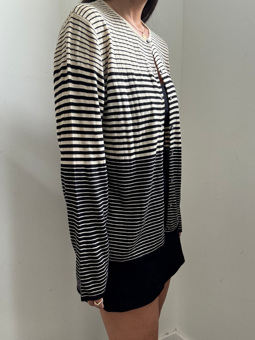 Vintage Black + Cream Striped Silk Knit Cardigan Size X-Large