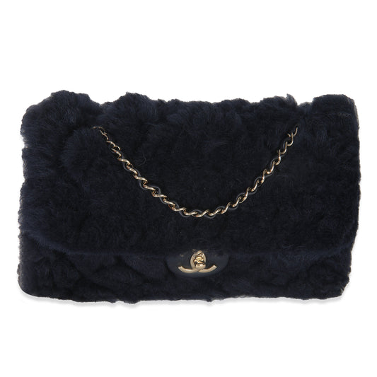 Navy Shearling Quilted Lambskin Medium Flap Bag
