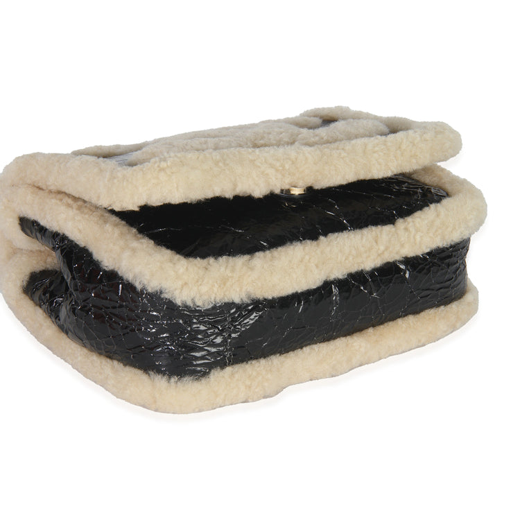 Black Shiny Crumpled Sheepskin Shearling CC Mania Flap Bag