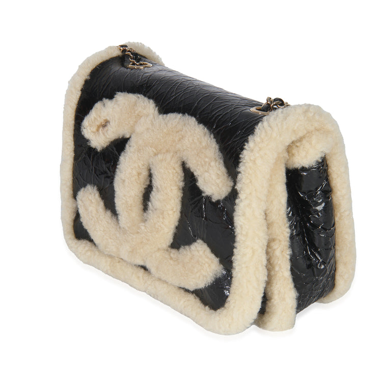 Black Shiny Crumpled Sheepskin Shearling CC Mania Flap Bag